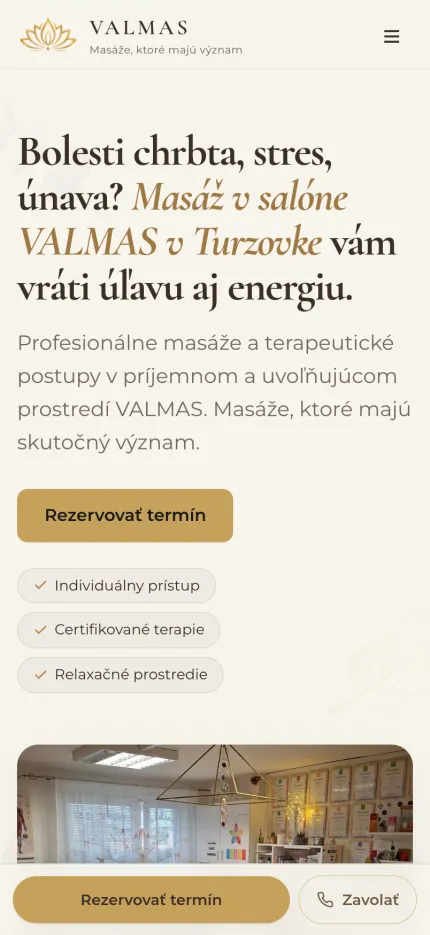 Náhľad webu VALMAS – masáže na mobile